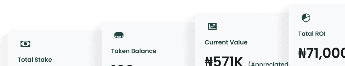 Investment tracking showing Total Stake, Token Balance, Current Value and Total ROI