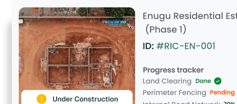 My Projects dashboard showing Enugu Residential Estate Phase 1 with progress tracker